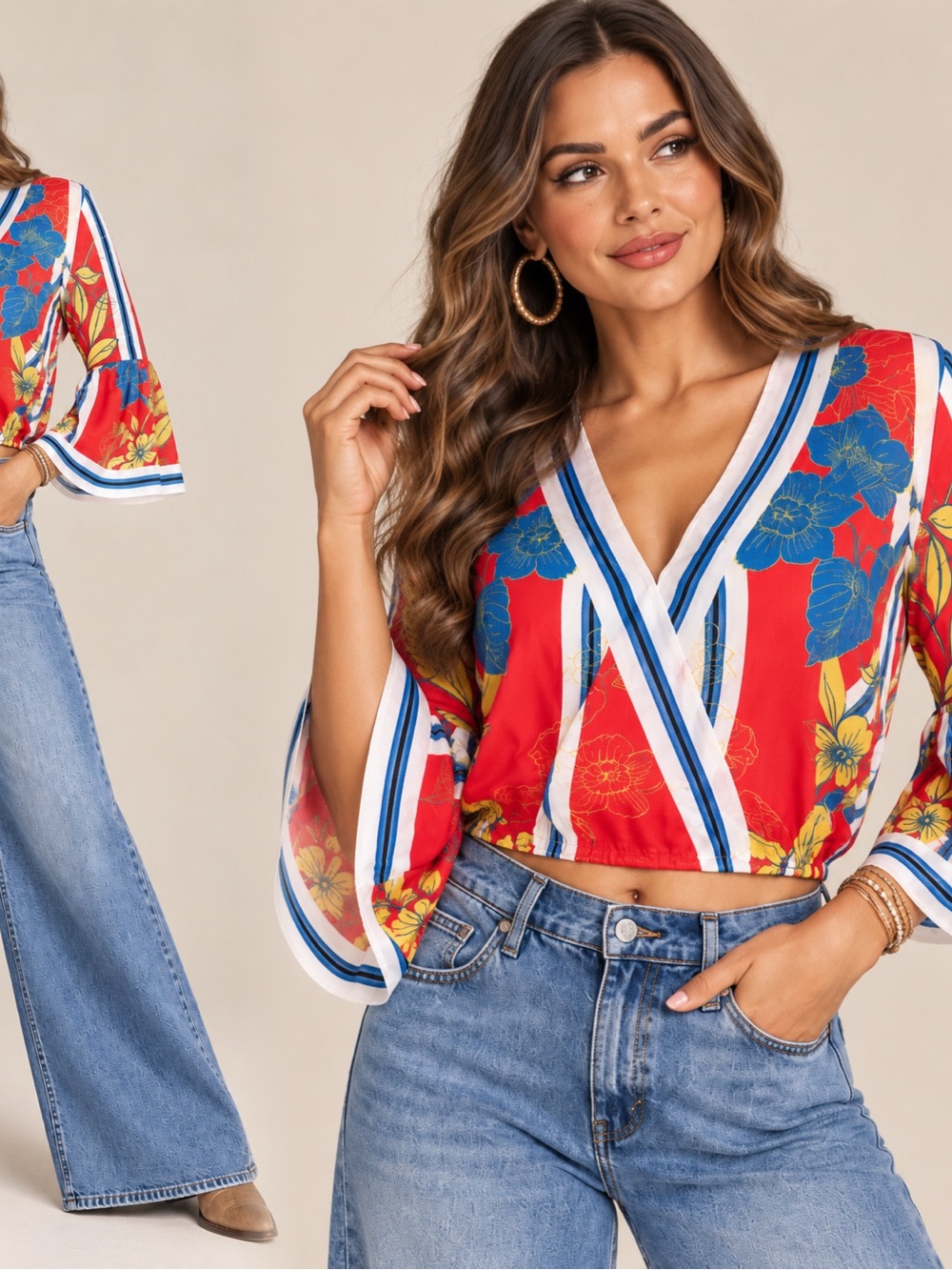 Flying Tomato Red Floral V-Neck Bell Sleeve Crop Top with Blue Accents